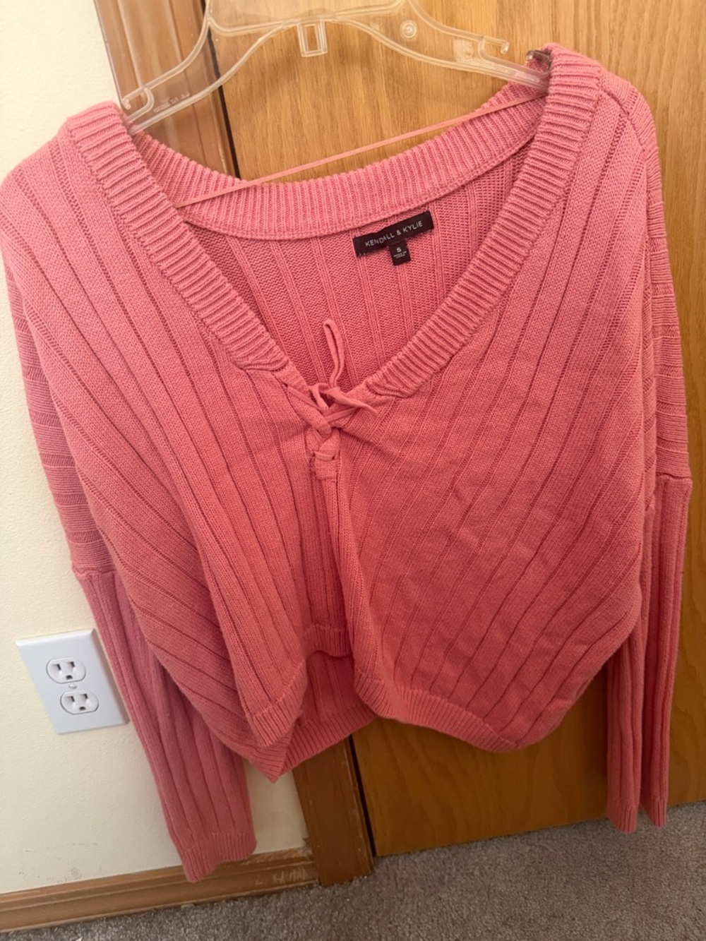 Kendall & Kylie Coral Pink Ribbed V-Neck Tie-Front Sweater
